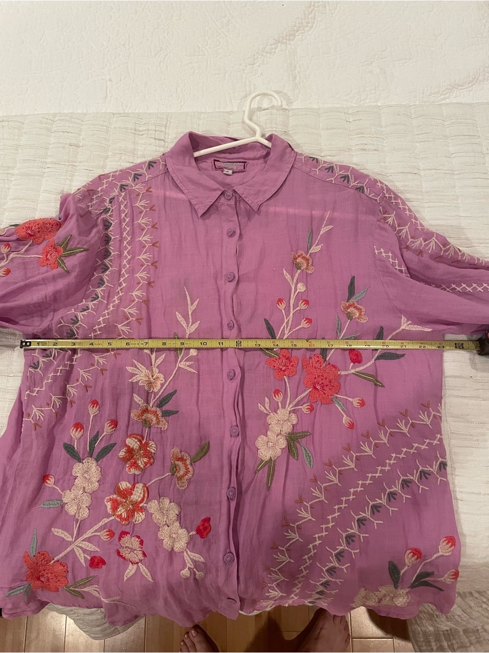 Johnny Was Lavender Floral Embroidered Button-Down Shirt - Picture 5 of 7